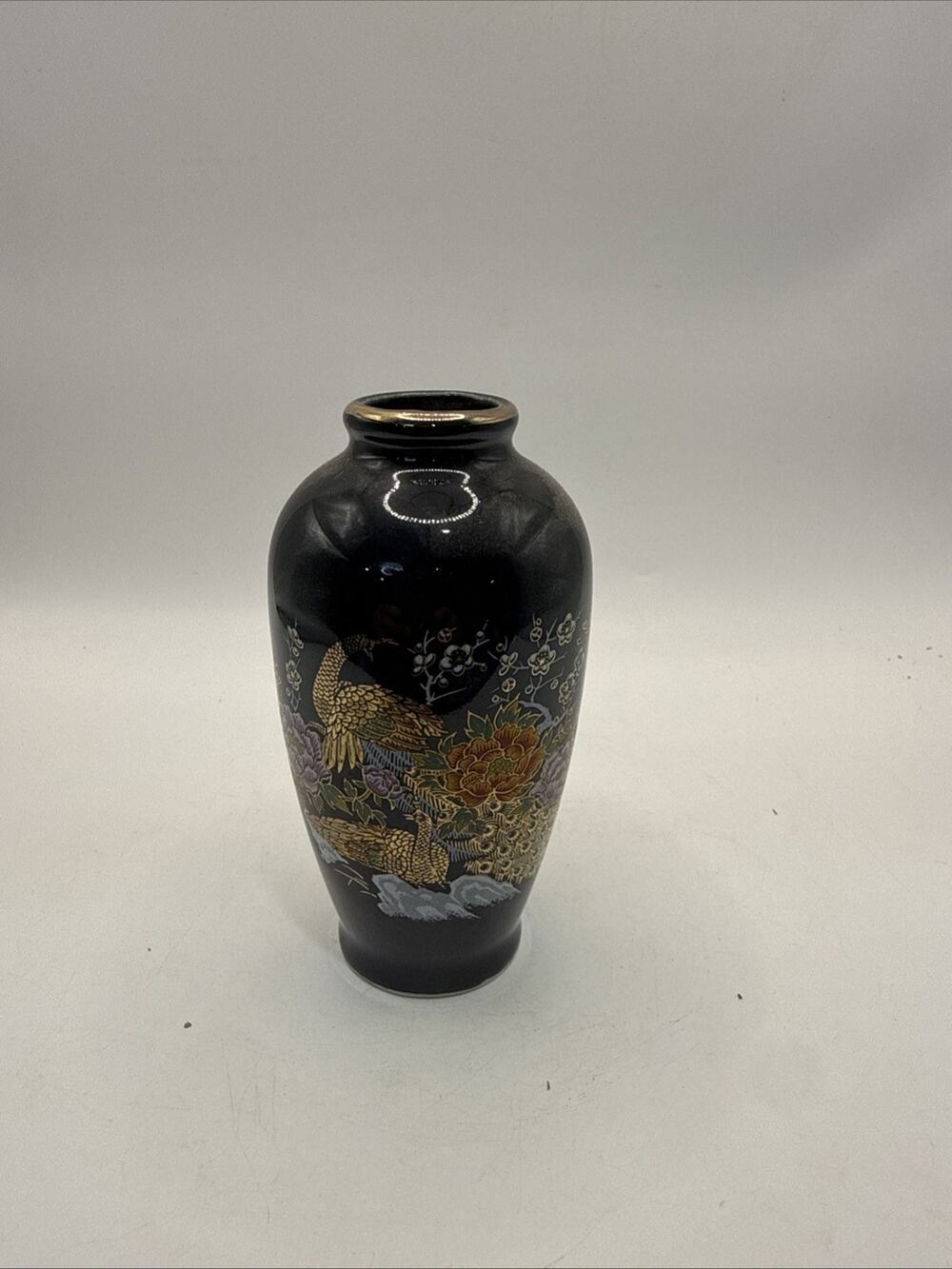 Vintage 4" Miniature Decorative Black Japanese Pink Peony Bud Vase Peacock *